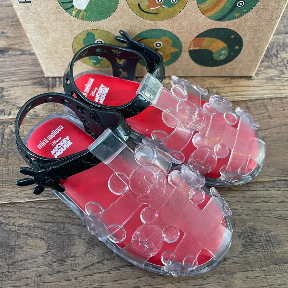 Mini Melissa Magic Mickey Fisherman Sandals Clear Black Red Size 11